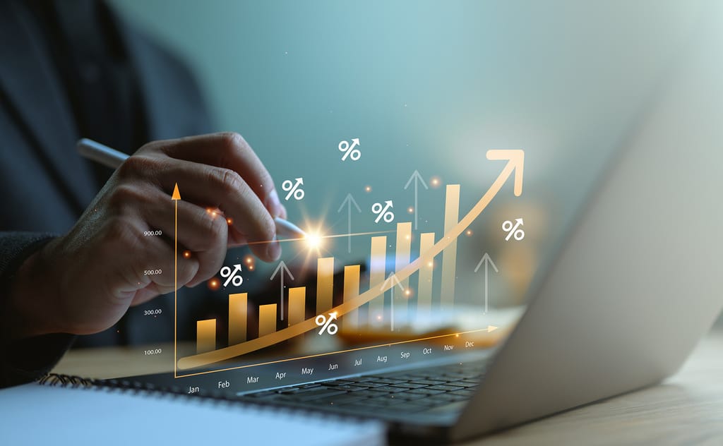 Business graph with percentage, raising interest rates to fight inflation, returns on investments.